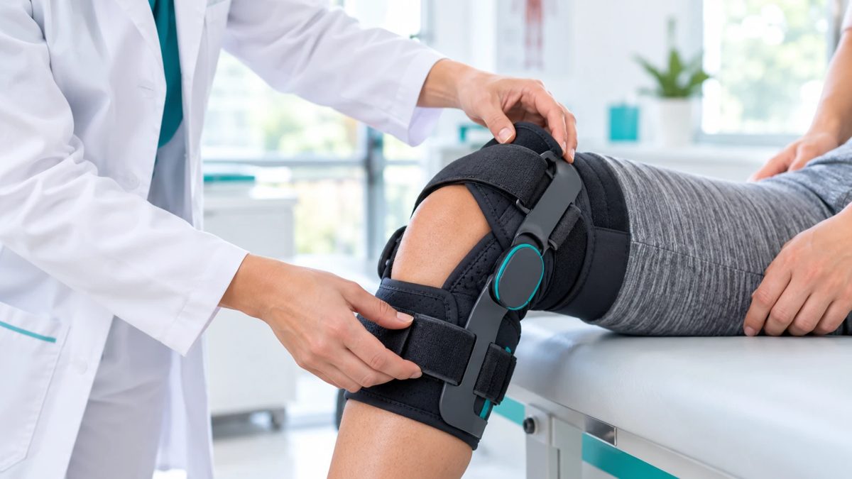 Un médecin ajuste une orthèse de genou sur la jambe d'un patient